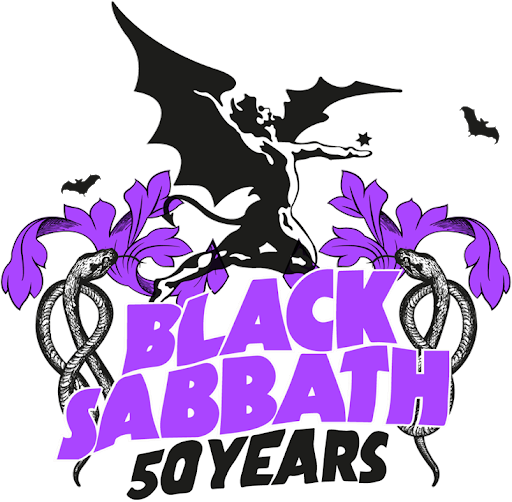 50 yrs of Black Sabbath patter in purple and black